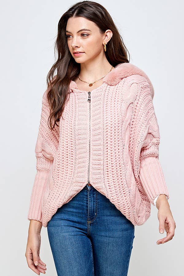 Sweet Generis – wholesale Hoodie - Dam – CHUNKY KABEL STICKA ZIP UPP DOLMAN PÄLS HOODIE2