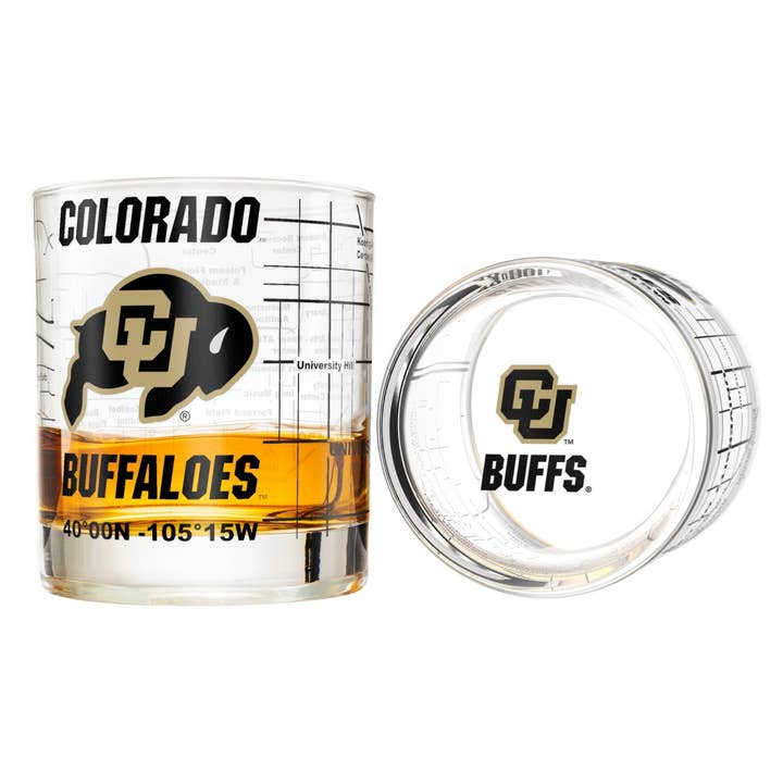 Verres à whisky de l'Université du Colorado Buffaloes (ensemble de 2), 10 oz – Logo en couleur + Carte du campus pour la vente par Greenline Goods