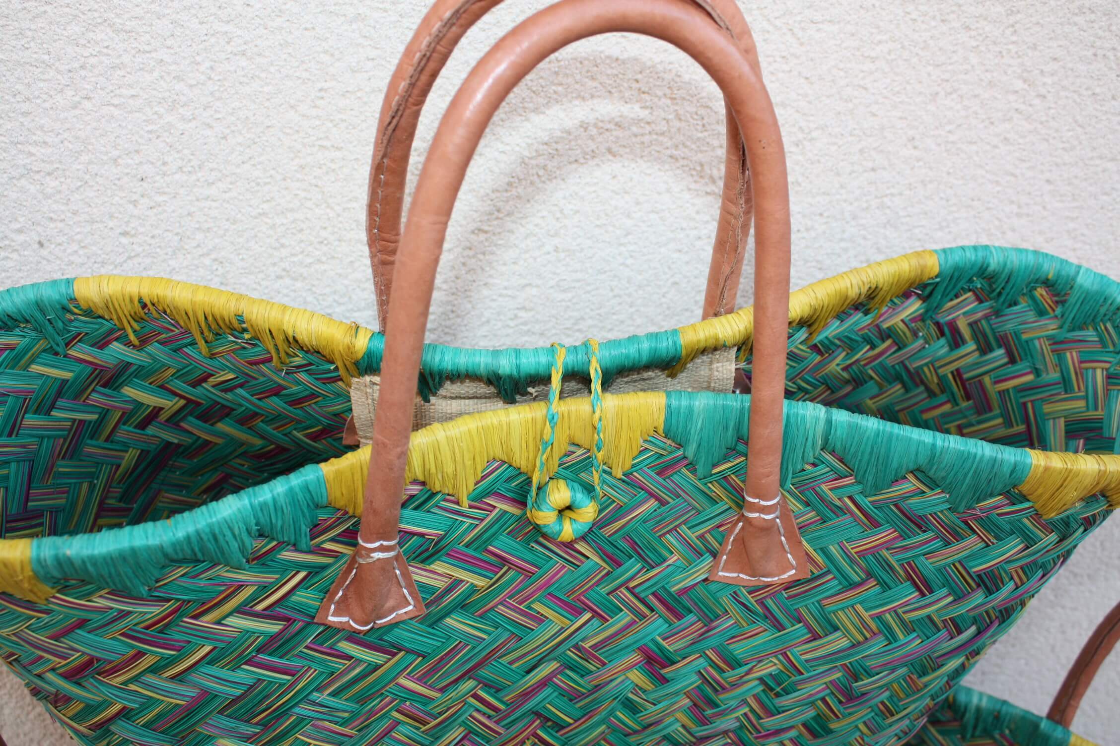 Boutique Huléti - Wholesale Grocery/Shopping Bag - Madagascar Shopping Basket - Turquoise & Yellow - Handwoven Tote Bag Wicker Rattan Straw - 3 sizes available -7