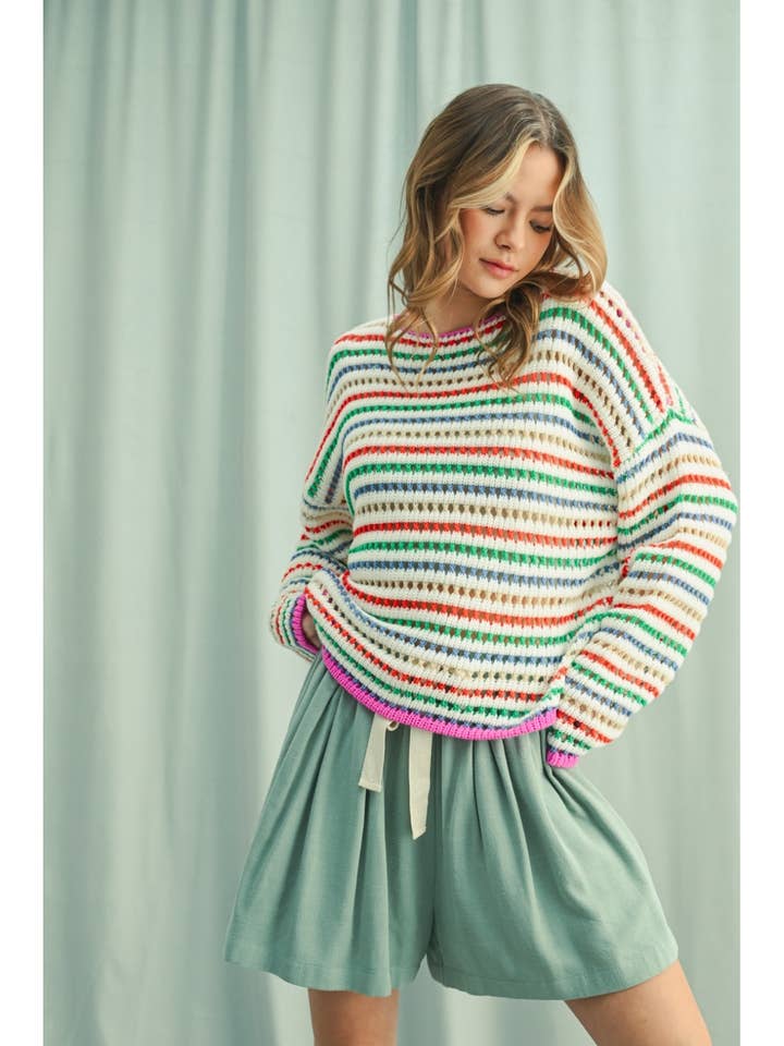 STRIPED CROCHET DROP SHOULDER SWEATER / WL25-10853 for wholesale by Wishlist Apparel