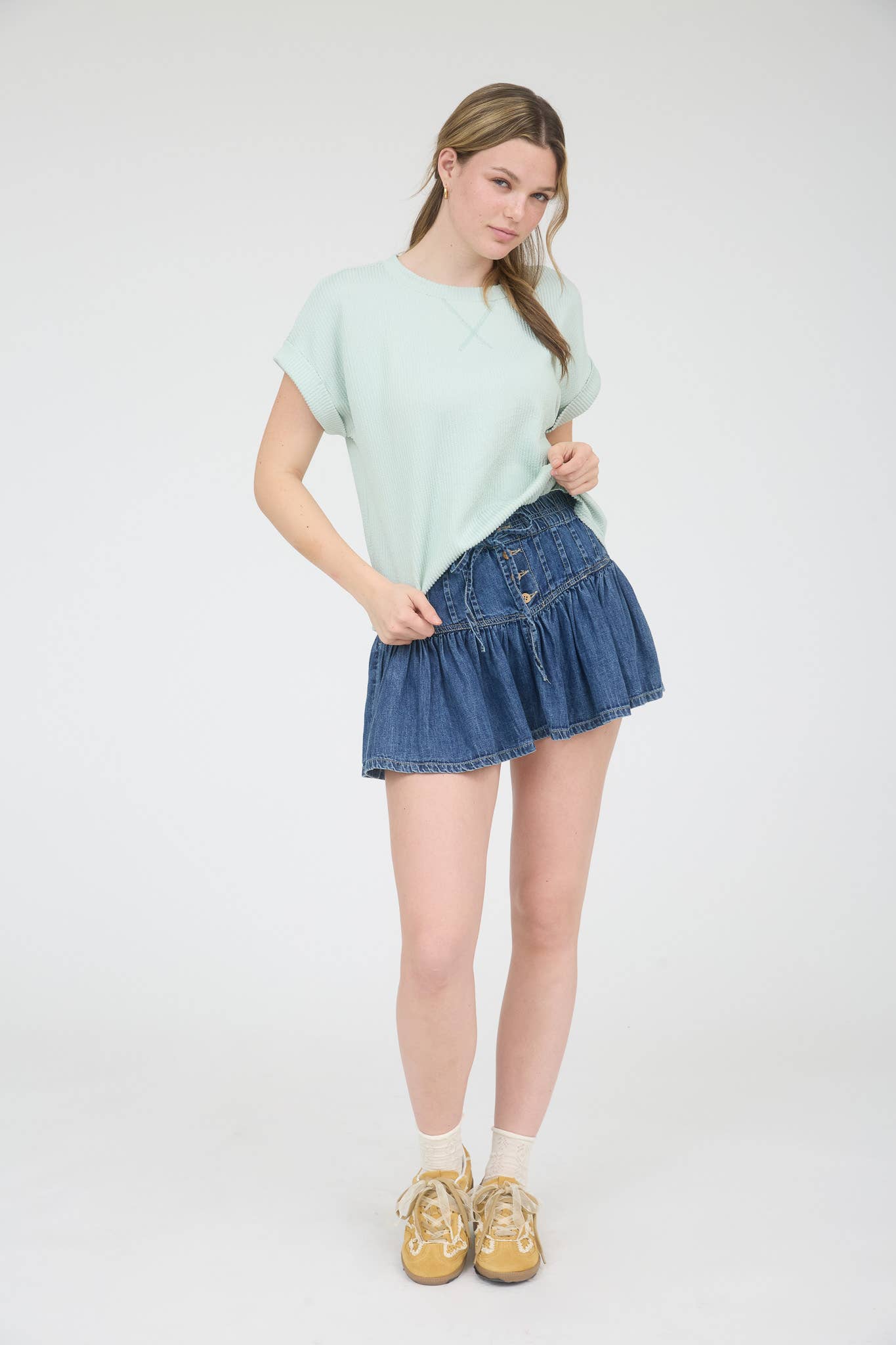 J.O.A - Wholesale Knit Top - Women's - CREW NECK SHORT CUFF SLEEVE RIBBED KNIT TOP4