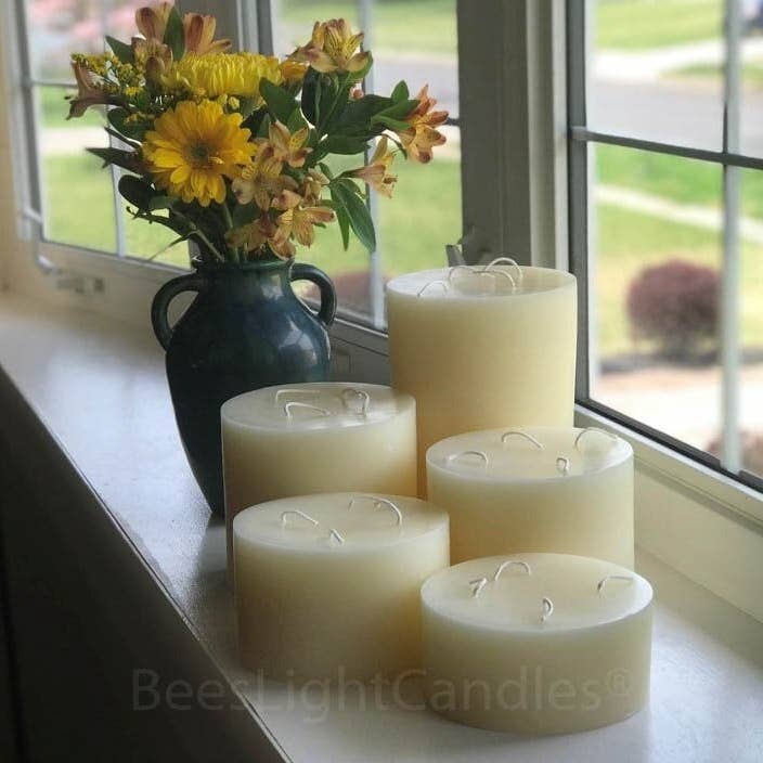 Bees Light Candles - Wholesale Pillar candle - Giant Six Inch Wide White Beeswax 4 Wick Candles