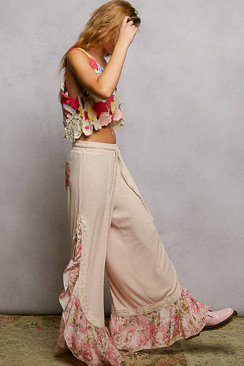 Pol Clothing - Wholesale Pants - Women's - Floral Pattern Ruffle Detail Ribbed Knit Pants33