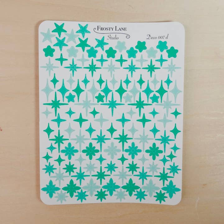 Deco007.d. Gröna stjärnor och gnistrar cirkelkontur klistermärkesark för wholesale av Frosty Lane Studio LLC