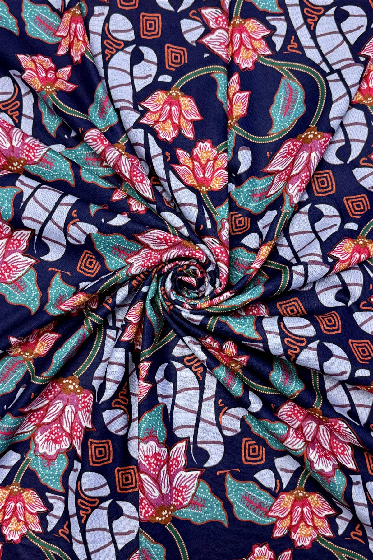 Navy Blue Ethnic Floral Print Wool Frayed Scarf for wholesale on Faire5