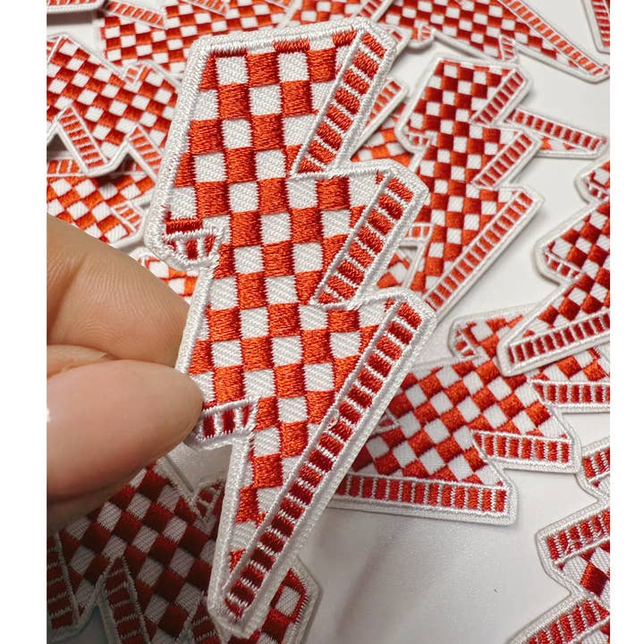 3” Checkered Lightning - Red & white  - Embroidered Hat Patch for wholesale by TEELUX
