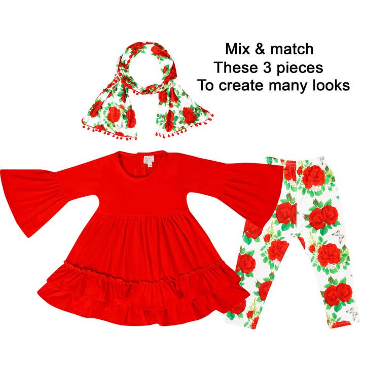 Angeline Kids - Wholesale Top & Leggings Set - Kids - Baby Toddler Little Girls Valentines Roses Scarf Outfit - Red Ivory8