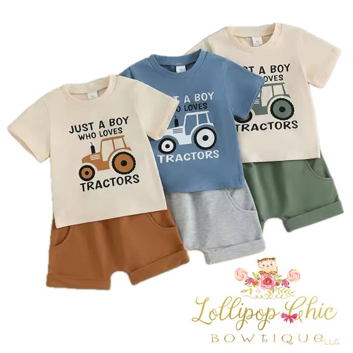 Baby Boy and Toddler Tractor Farm Short Set for wholesale by Lollipop Chic Bowtique LLC
