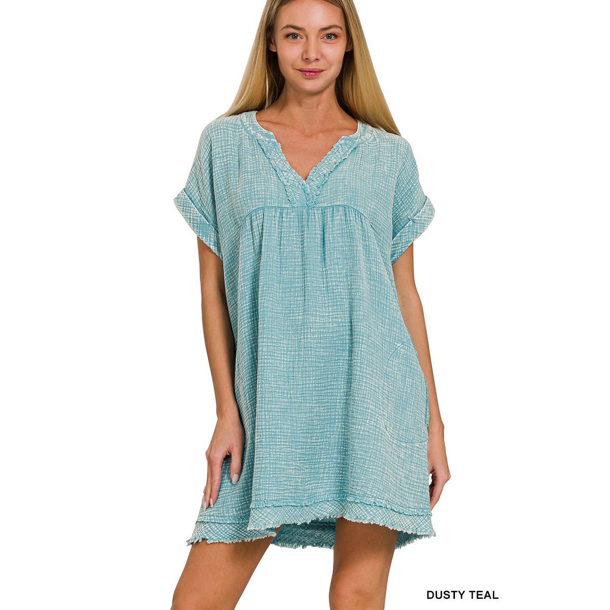 Apolline – Großhandel Kleid – Damen – GEWASCHENES KLEID MIT V-AUSSCHNITT AUS DOPPELTER GAZE MIT OFFENEN KANTEN5