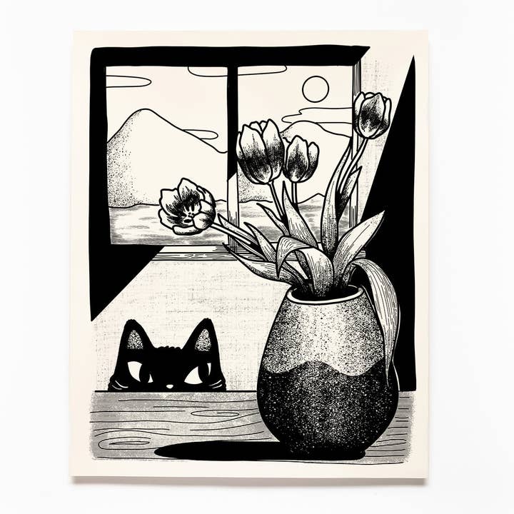 Tulip Cat Screen Printed Poster for wholesale by Secret Planet
