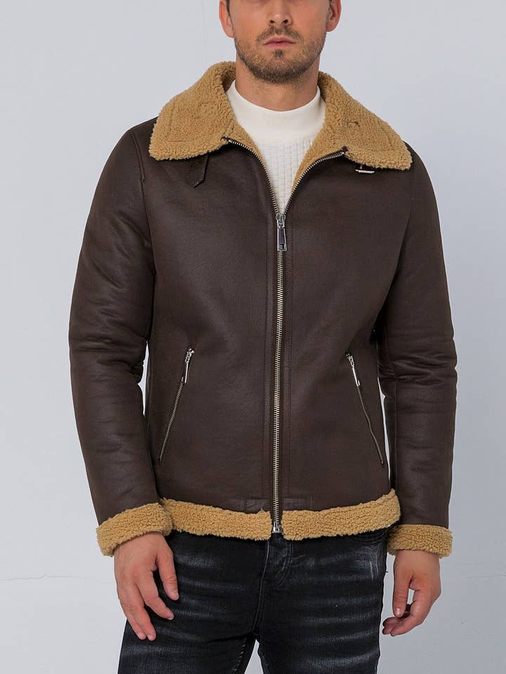 Veste aviateur végétalienne en peau de mouton pour homme - Marron pour la vente par Ron Tomson