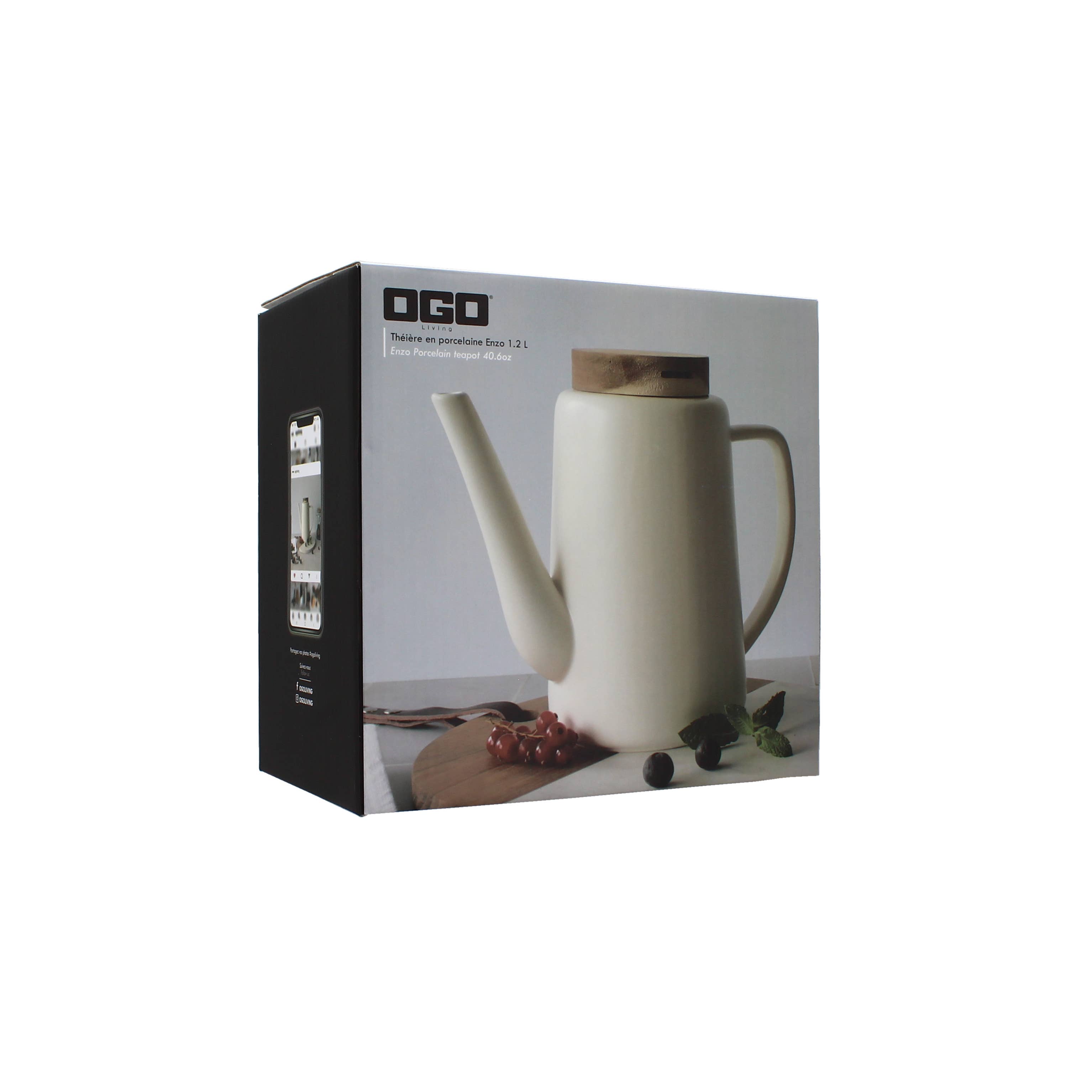 Ogo living - Vente Théière - Theiere enzo en porcelaine blanche et couvercle acacia 1,2 l4