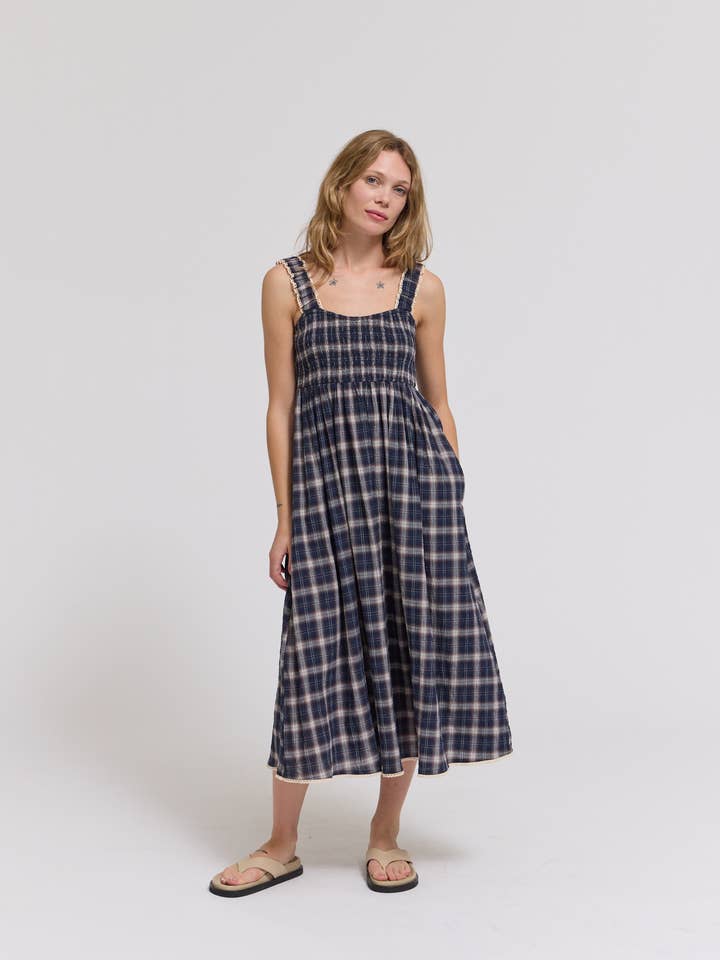 61310 - SMOCKED PLAID MIDI DRESS for wholesale by Grade & Gather