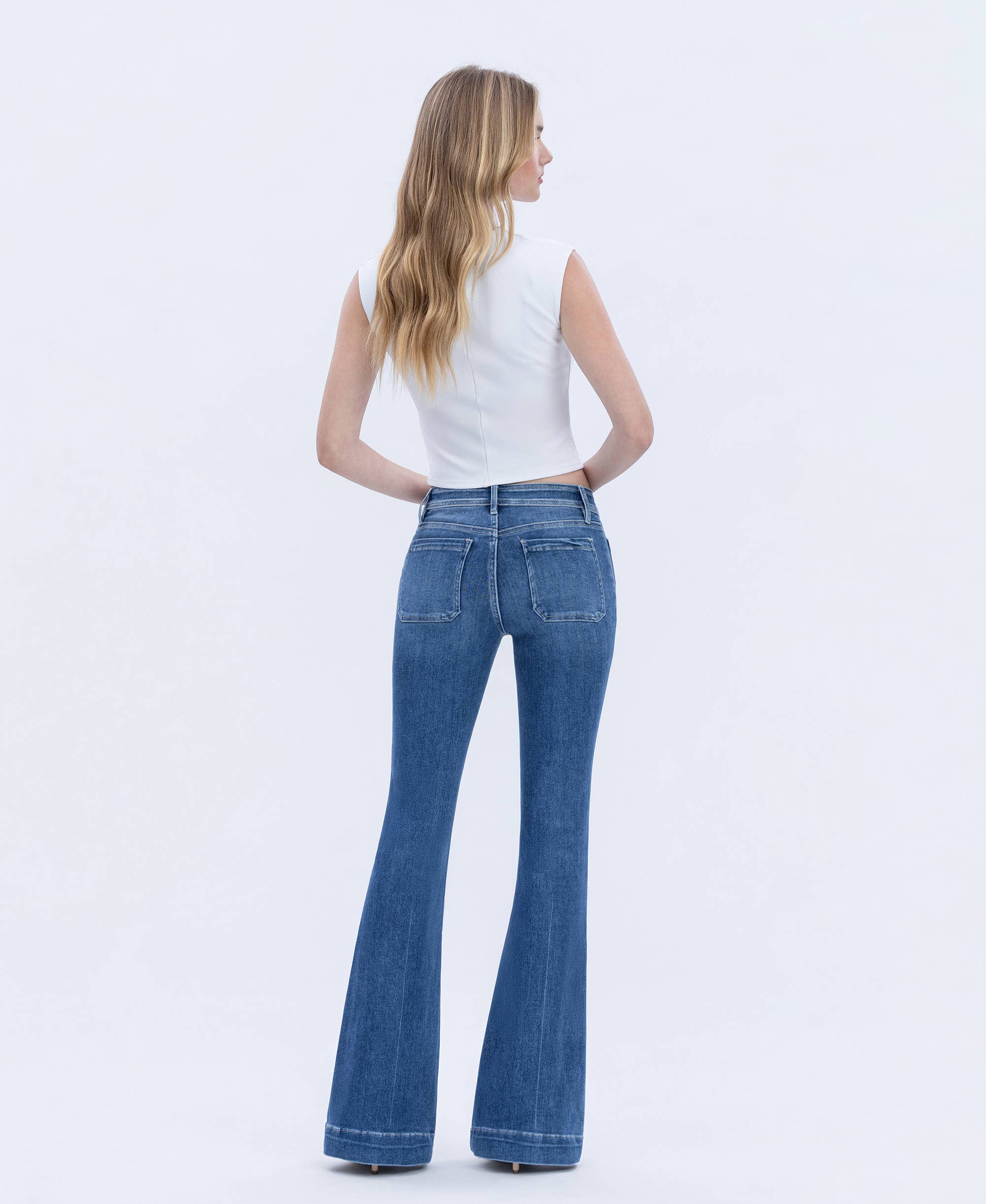 GLEEFULLY MID RISE BUTTON FLY TROUSER HEM FLARE JEANS T5848 for wholesale on Faire6