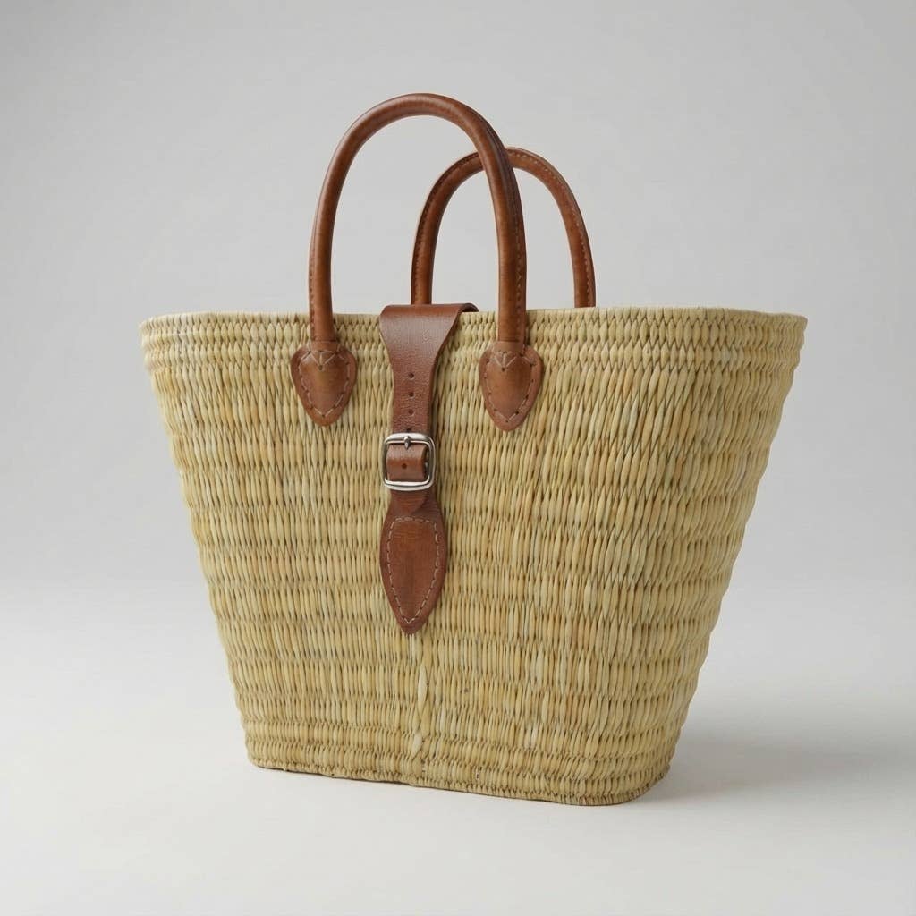 Melecraft - Wholesale Basket - Woven Reed Market Basket Leather Strap - Natural Boho Tote7