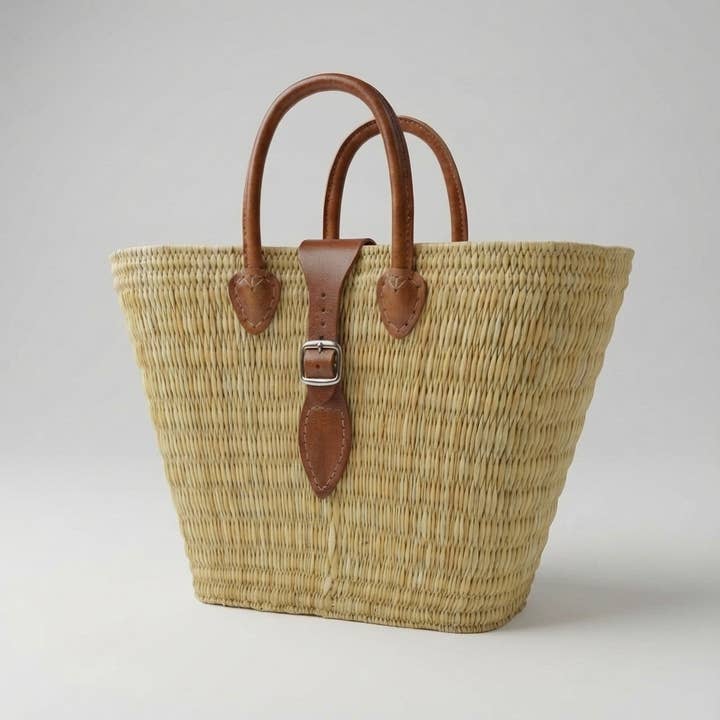 Melecraft - Wholesale Basket - Woven Reed Market Basket Leather Strap - Natural Boho Tote7