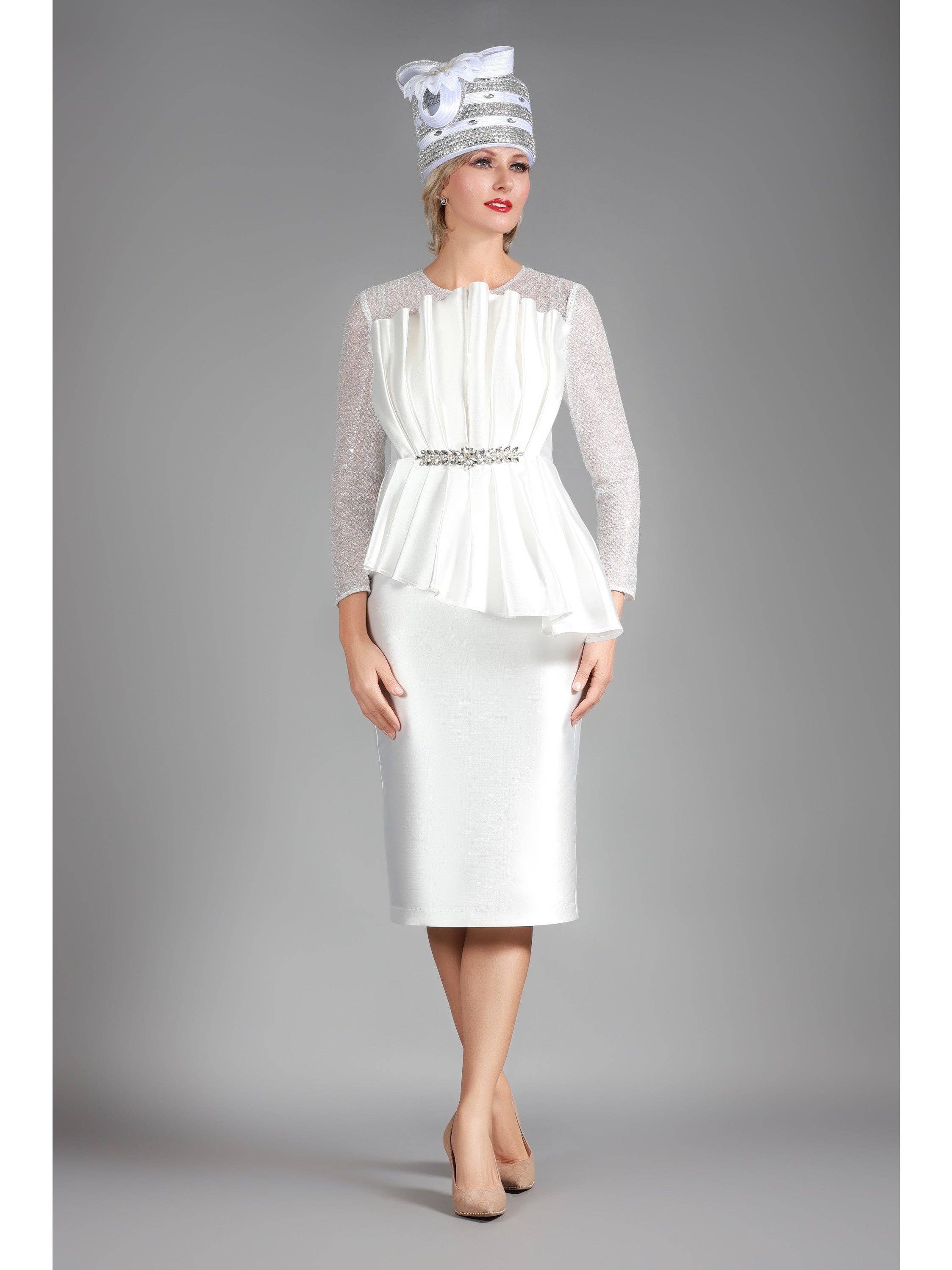 IVORY Pleated Pplm Silky Twl Drs w/ See-thru Lace Slvs for wholesale on Faire0