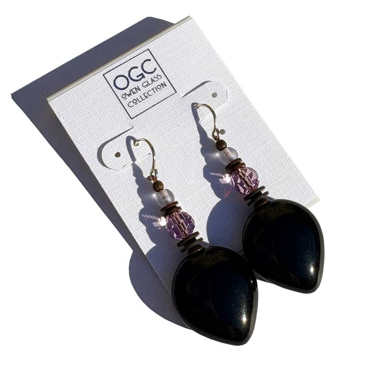 MANDORLE 14 - ORECCHINI IN VETRO JET, CRISTALLO DI AMETISTA, CECO per la vendita all'ingrosso da parte di Owen Glass Collection