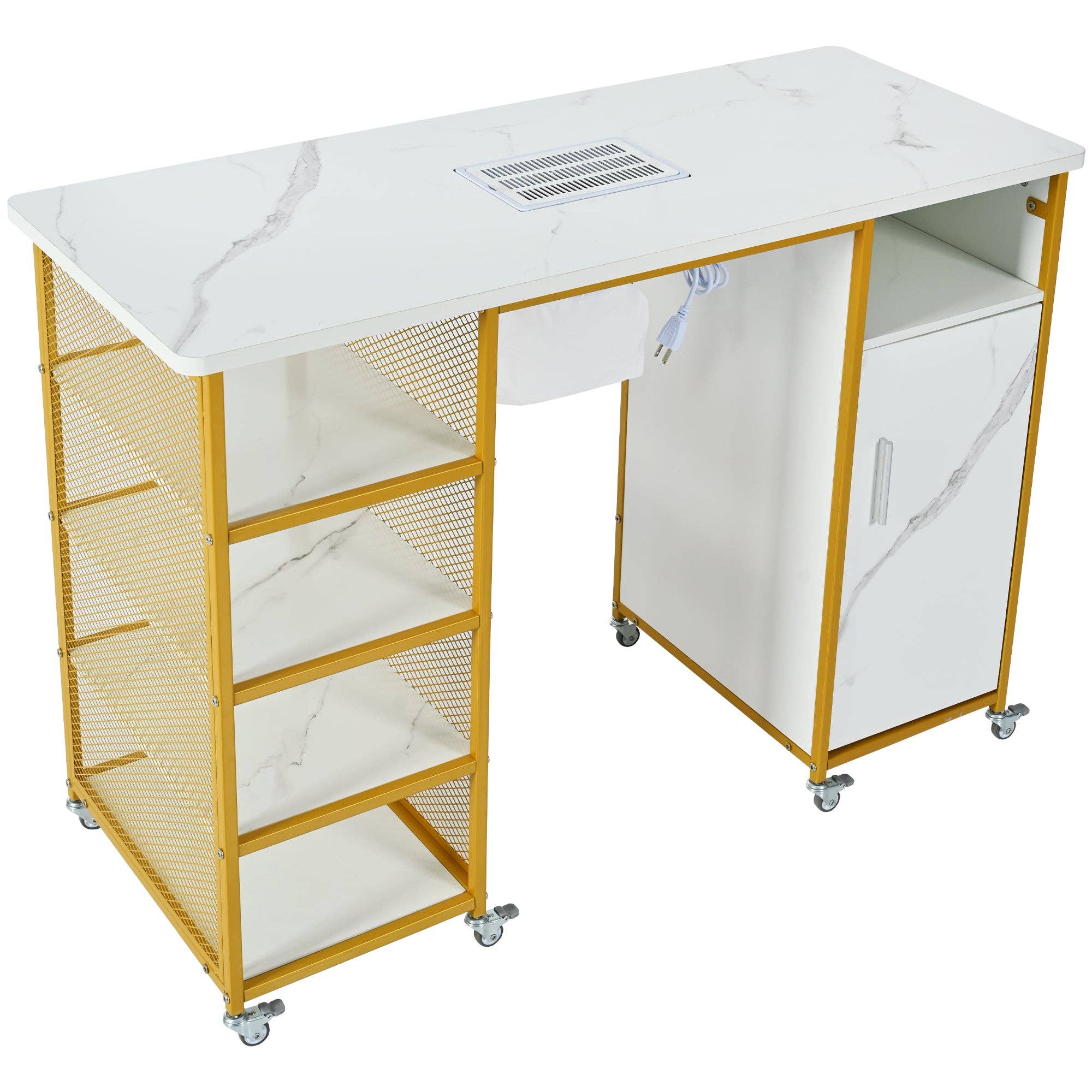 39F Inc. - Wholesale Side Table - White Marble Nail Table with Vent, Storage, and Wheels10