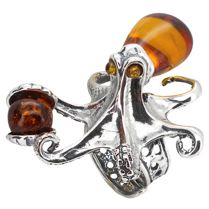 Cognac Amber Octopus Adjustable Ring for wholesale by Amberman