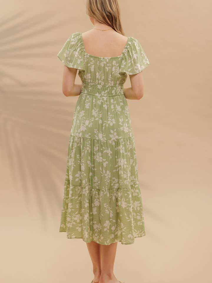 Blu Pepper - Wholesale Dress - Women's - FLORAL SCOOP NECK FLOUNCE SLEEVE TIERED MIDI DRESS