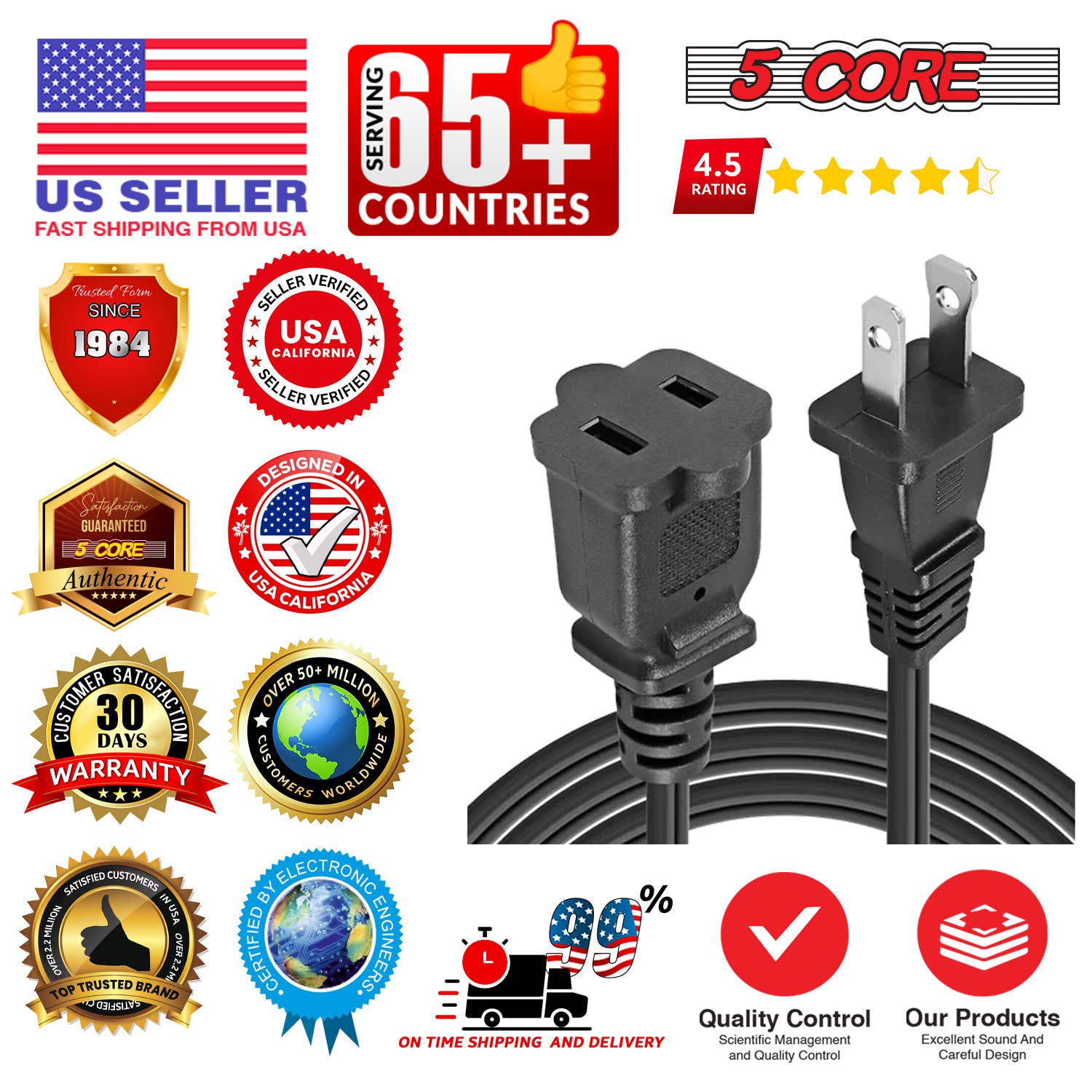 K Cube Inc - Wholesale Speakers - 5Core AC Power Cord 10Ft Male Female 2 Prong Extension Cords13