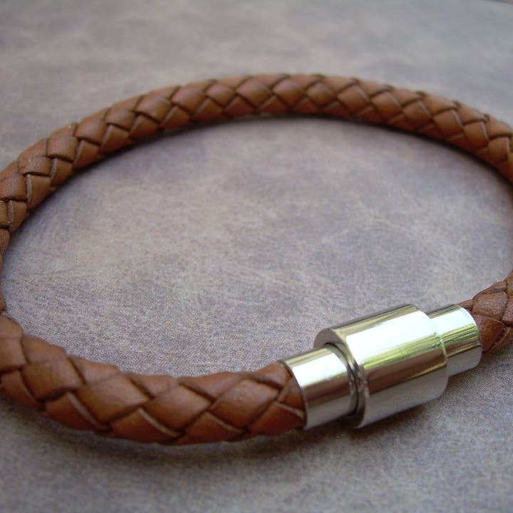 Mens braided Saddle Leather Bracelet with Stainless Steel Magnetic Clasp, Fathers Day, Mens Jewelry, Mens Bracelet, Leather Bracelet, Groom for wholesale by Urban Survival Gear USA