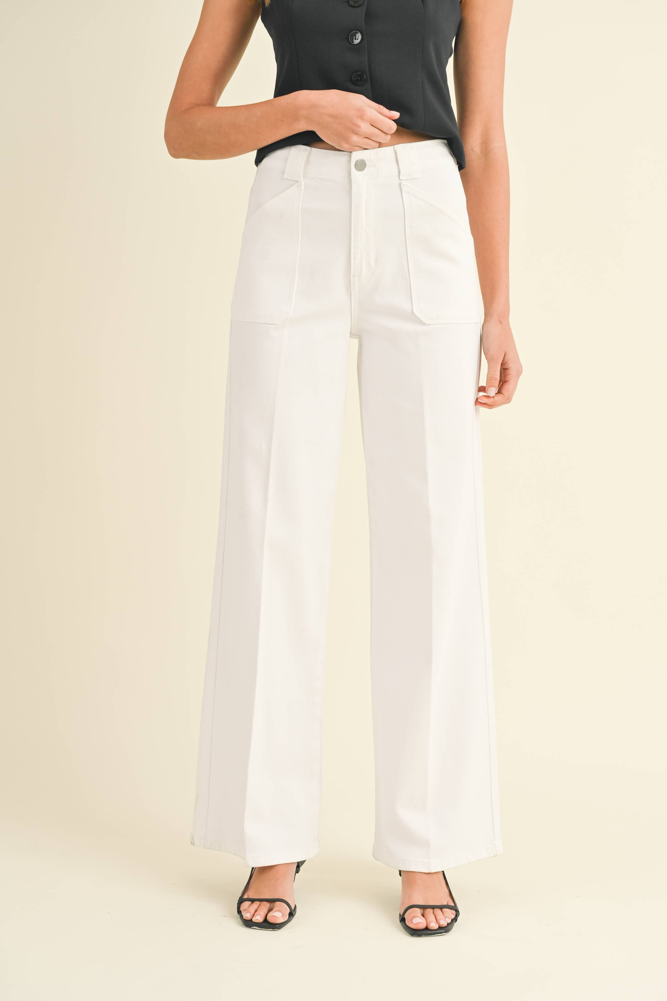JBD - Wholesale Pants - Women's - DP782 - WHT - Patch Pocket Wide Leg Flare0