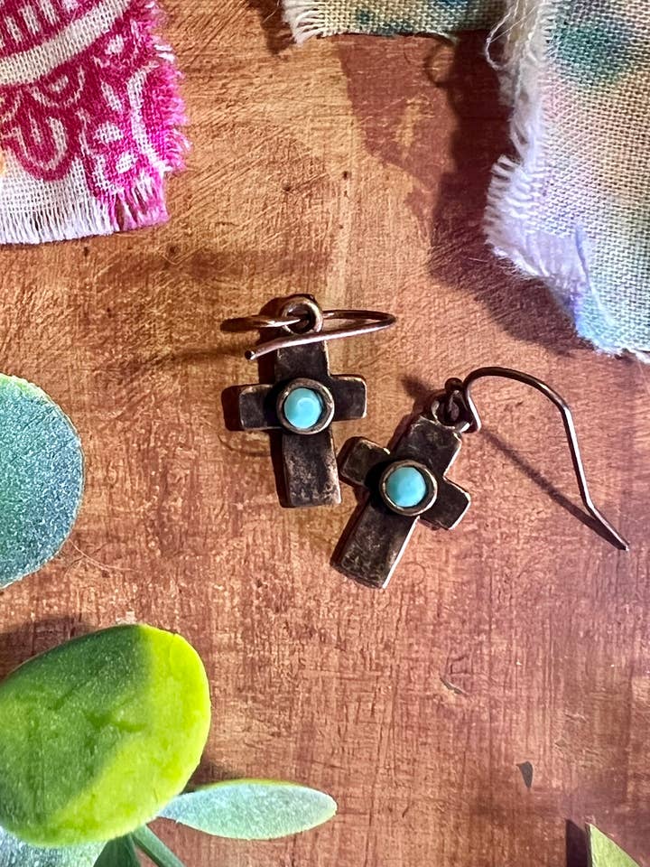 Hammered Copper & Turquoise Chaton Cross Earrings for wholesale by Soul Collective Studio