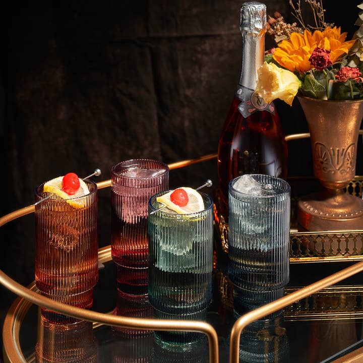 The Wine Savant / Khen Glassware - Wholesale Cocktail/Liquor Glass - Vintage Art Deco Collins Highball Glasses Ribbed - Set of 41