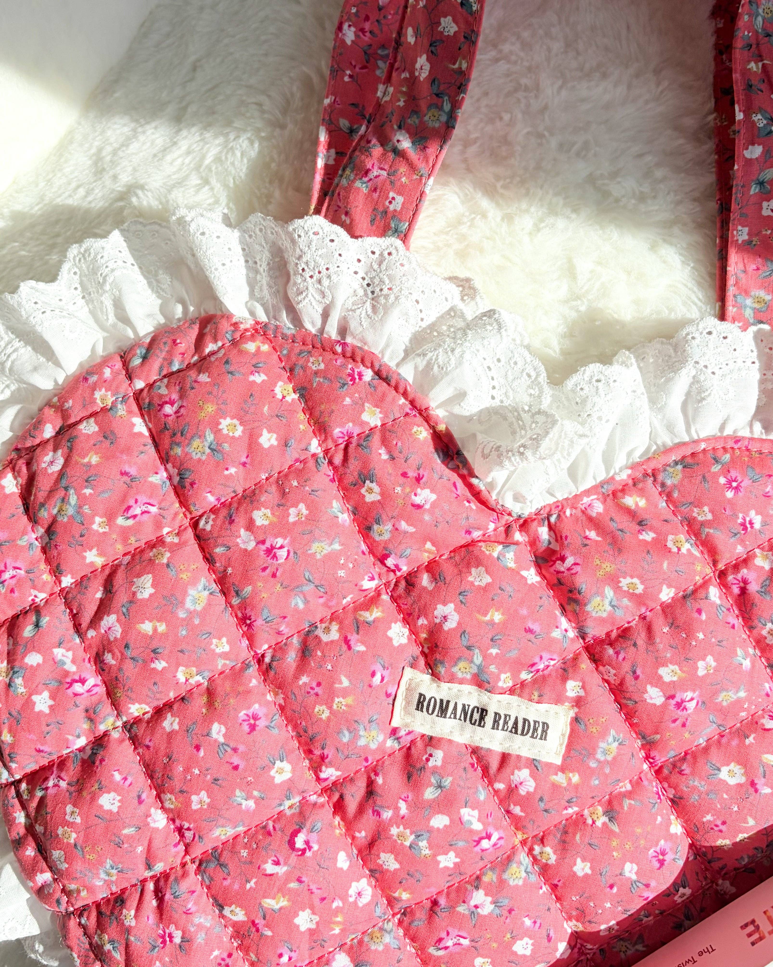 The Bean Workshop - Wholesale Tote Bag - Women's - Romance Reader Red Quilted Heart Tote Bag with Ruffled Lace Trimming6