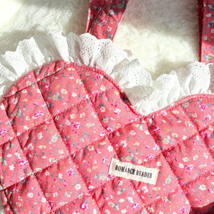 The Bean Workshop - Wholesale Tote Bag - Women's - Romance Reader Red Quilted Heart Tote Bag with Ruffled Lace Trimming6
