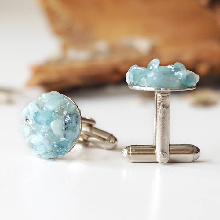 Raw Blue Aquamarine Cufflinks, March Crystal, Valentine Gift for wholesale by Raw Stone Elegance