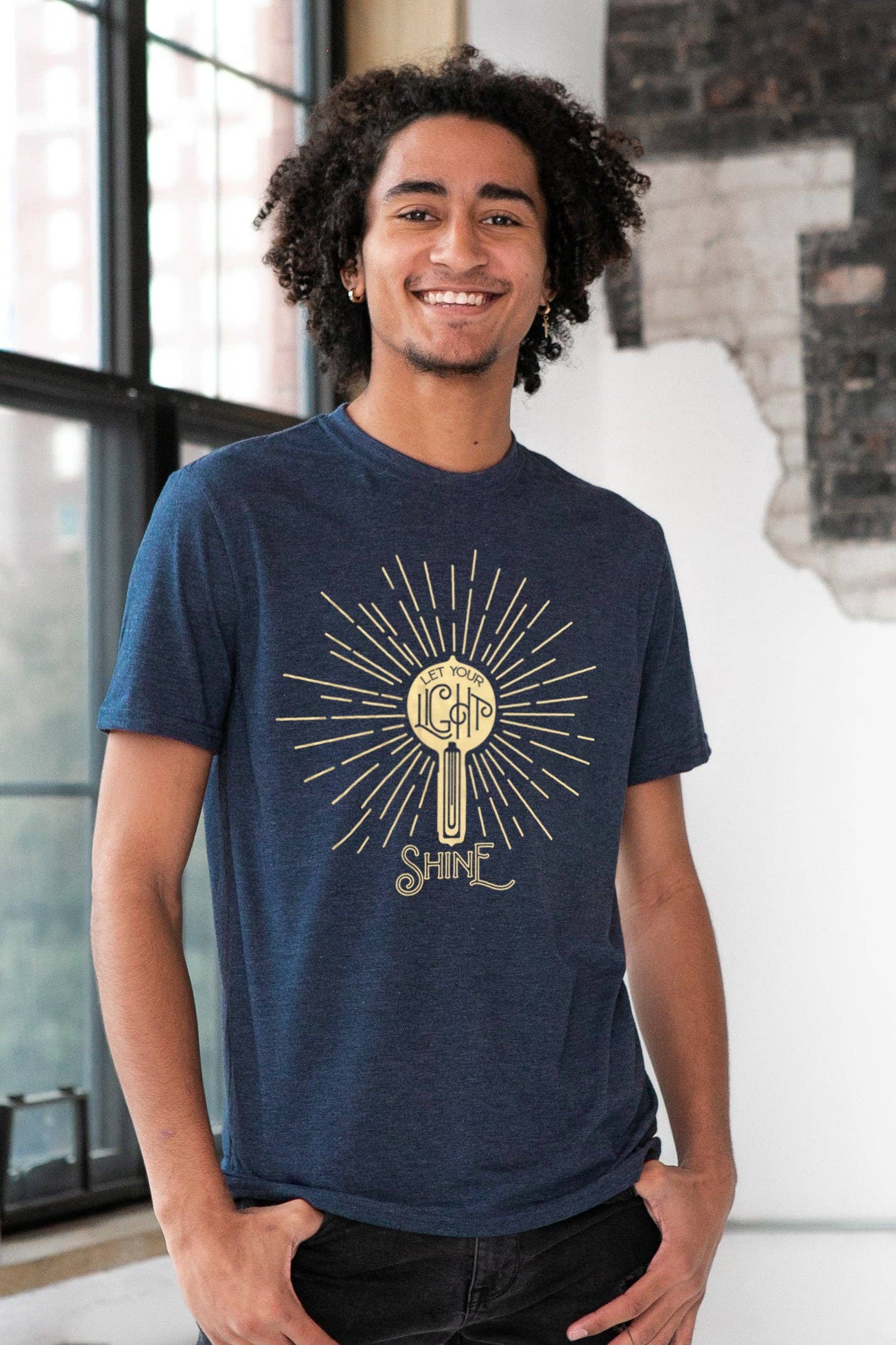 Navy Let your Light Shine Gold Foil Unisex Eco-Triblend Tee for wholesale on Faire0