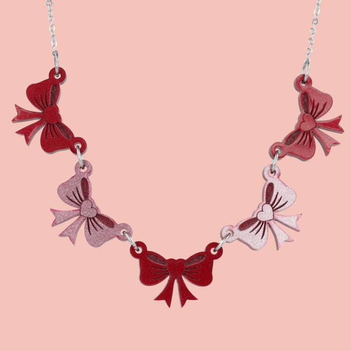 Red and Pink Bow Bunting Necklace for wholesale by Sour Cherry