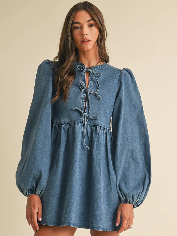 MIDIUM WASH Denim Bow Mini Dress for wholesale on Faire
