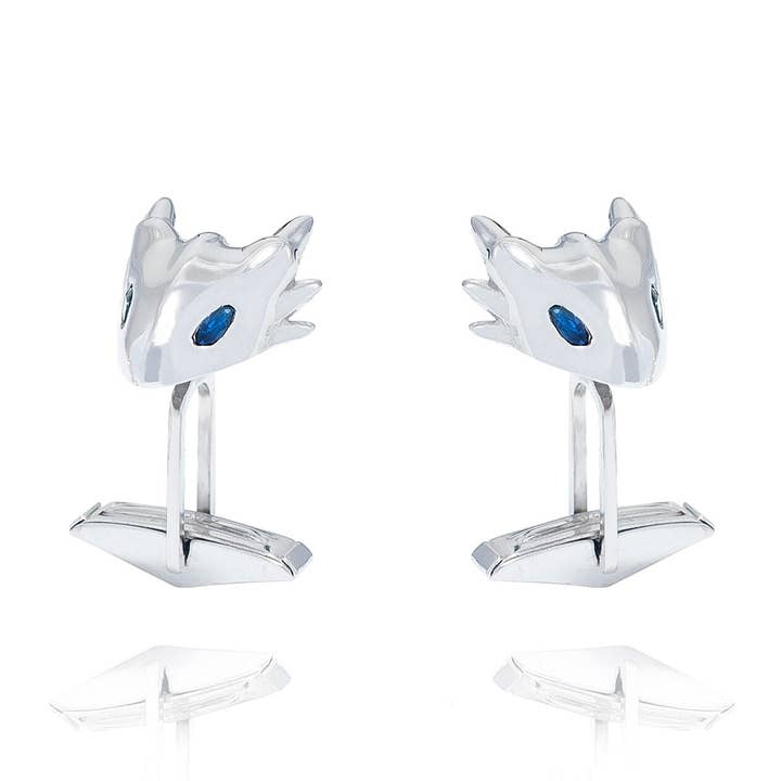 Gemelos con forma de cabeza de dragón de plata y zafiro azul para venta al por mayor de MONVATOO London