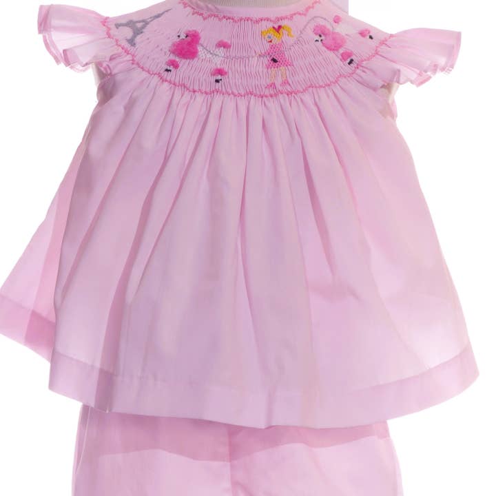 Lys pink Paris smocked med Eiffeltårn & puddel englevinge ærme kort sæt for engroshandel hos Hello Bebes!