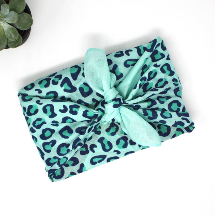 Leopard mint furoshiki fabric wrap - medium for wholesale by Kindly Yarn | Furoshiki & Scarves