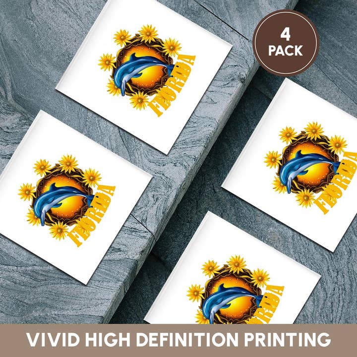 3dRose - Vente Sous-verre - 3dRose, Fleurs sauvages de Floride et dessin animé d'un marsouin ou dauphin, Sous-verre5