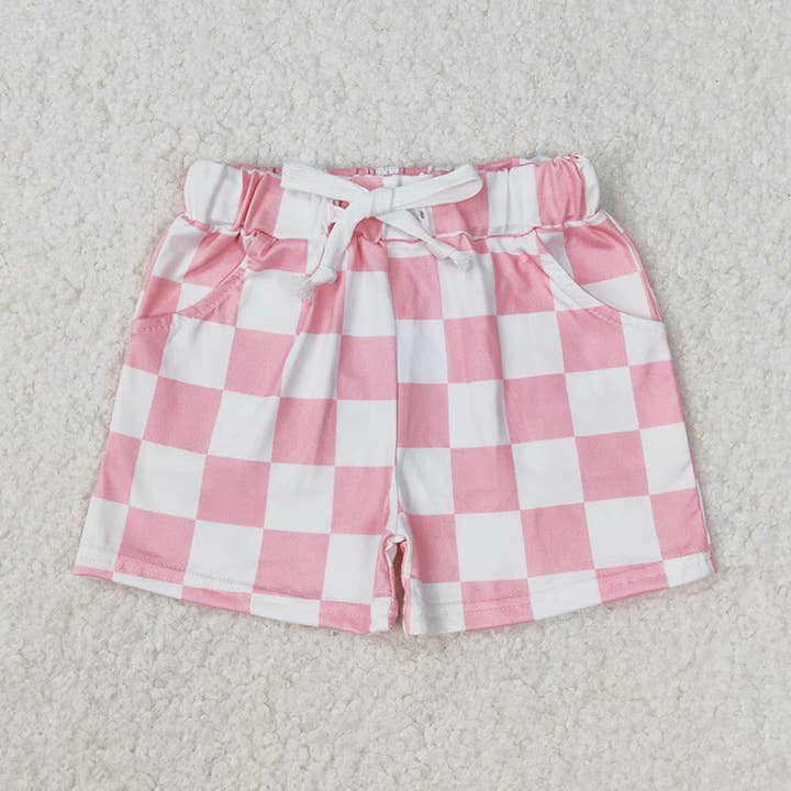 Short d'été rose à poche à carreaux pour petites filles pour la vente par Aier Wholesale