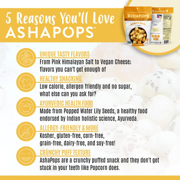 AshaPops - Wholesale Puffed Snack - 0.5oz Turmeric Garlic - AshaPops Popped Water Lily Seeds