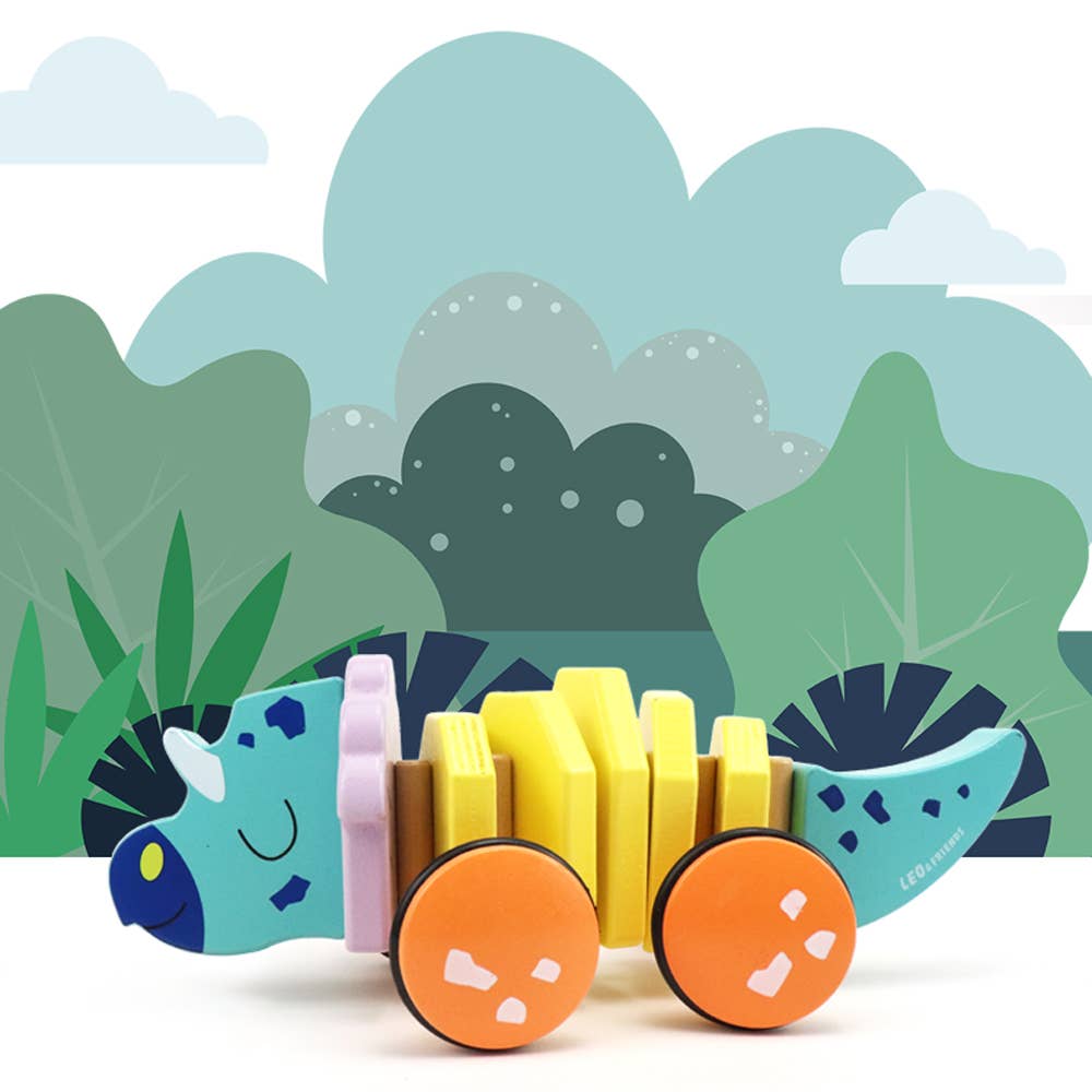Leo & Friends - Wholesale Wood Toy - Kids - Leo & Friends Pull Along Walking Triceratops Wooden Toy3