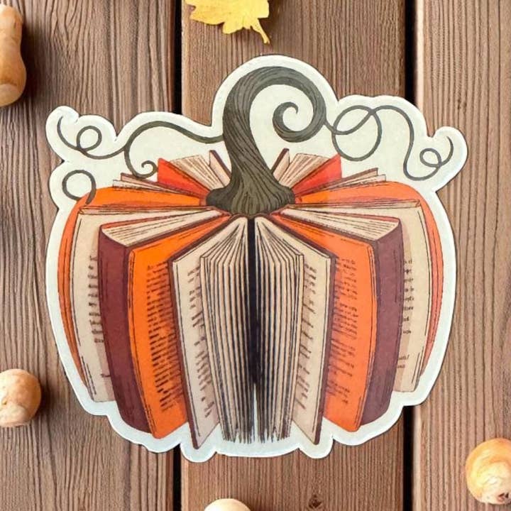 ForceBuilder – Engroshandel Klistermærke – Græskar Bog Klistermærke – Efterår Bogelsker Vinyl Klistermærke, Hyggeligt Efterårslæsnings Klistermærke, Boglig Gave til Læsere og Journaler0
