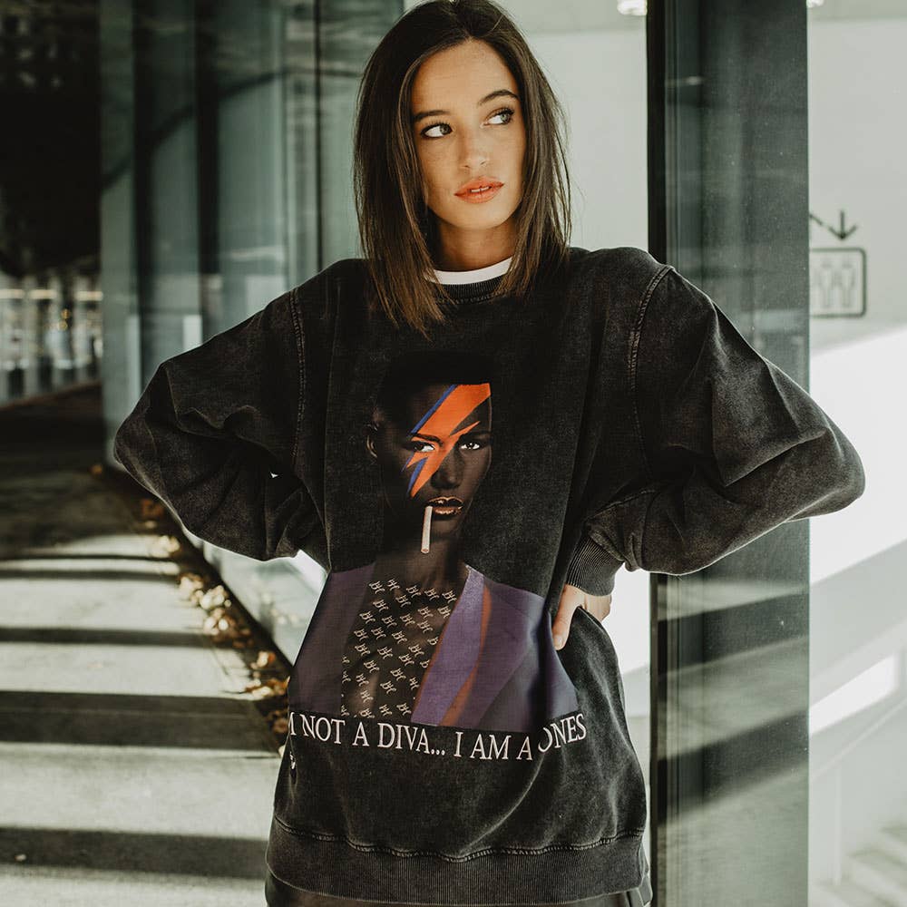 BE HAPPINESS - Vendita all'ingrosso Felpa stampata - Donna - Felpa Grace Jones in cotone senza pelliccia di alta qualità2