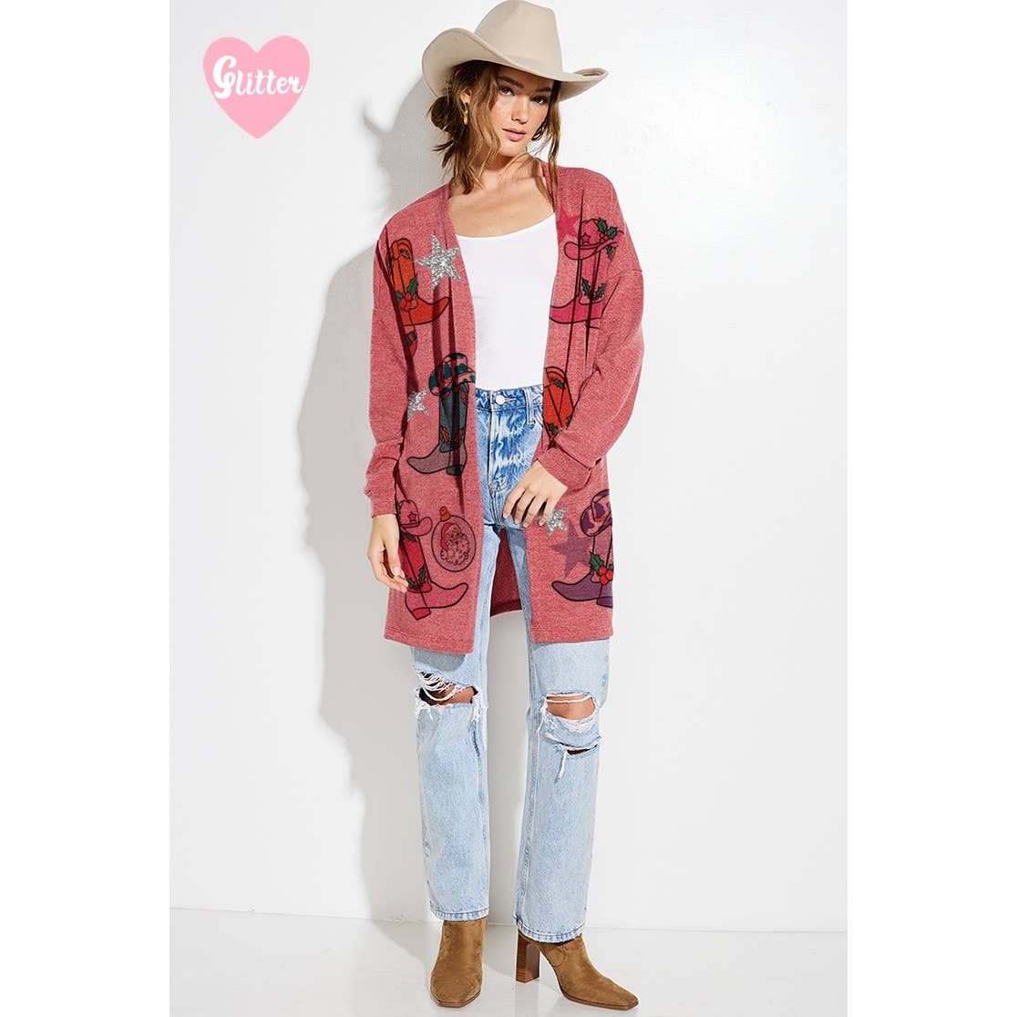 Phil Love - Wholesale Cardigan - Women's - Christmas Cowgirl boots Glitter Knit Cardigan7