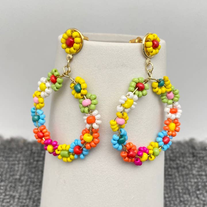 Mio Queena - Wholesale Dangle Earrings - Handmade Colored Beaded Dangle Flower Post Earrings