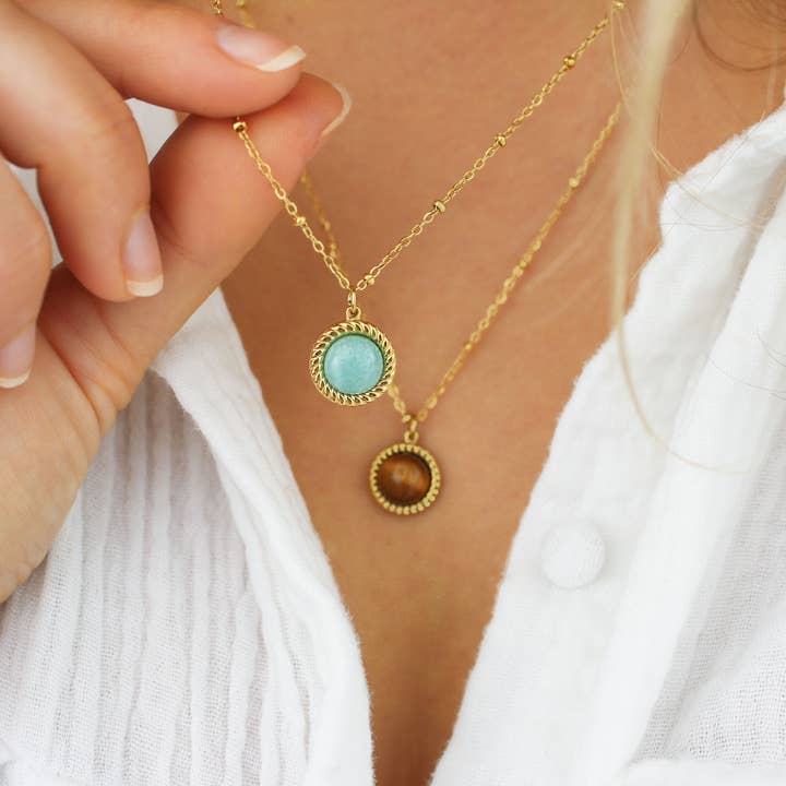 Natural stone and twists pendant necklace, steel jewelry for wholesale by Minalis