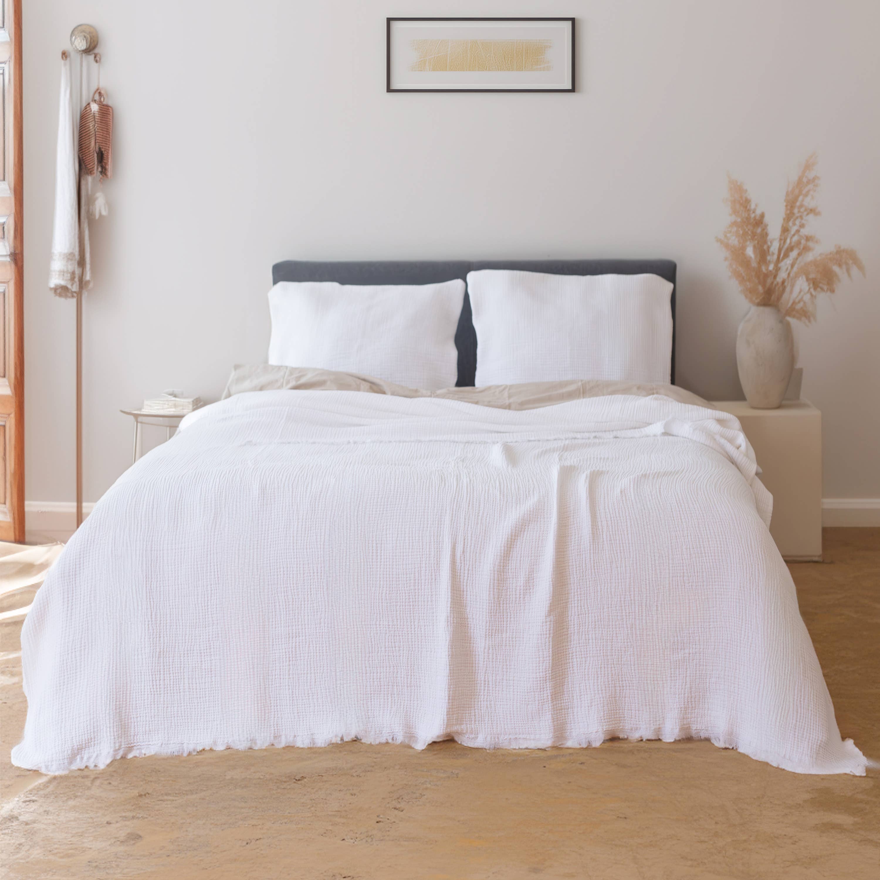 Vivamaison - Vente Plaids - Couvre-lit en mousseline frangé 100 % coton doux, 4 couches premium16