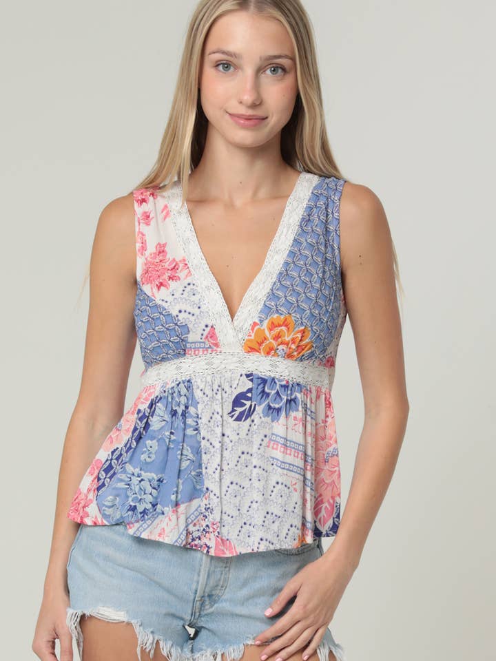 C2D12-A926 V NECK LACE TRIM TIE BACK TANK TOP for wholesale by ANGIE